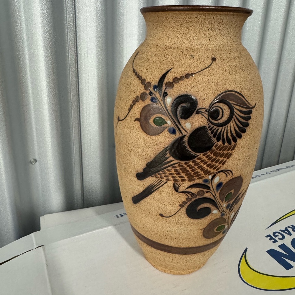 Artisan Ceramic Vase with Bird Design - Brown